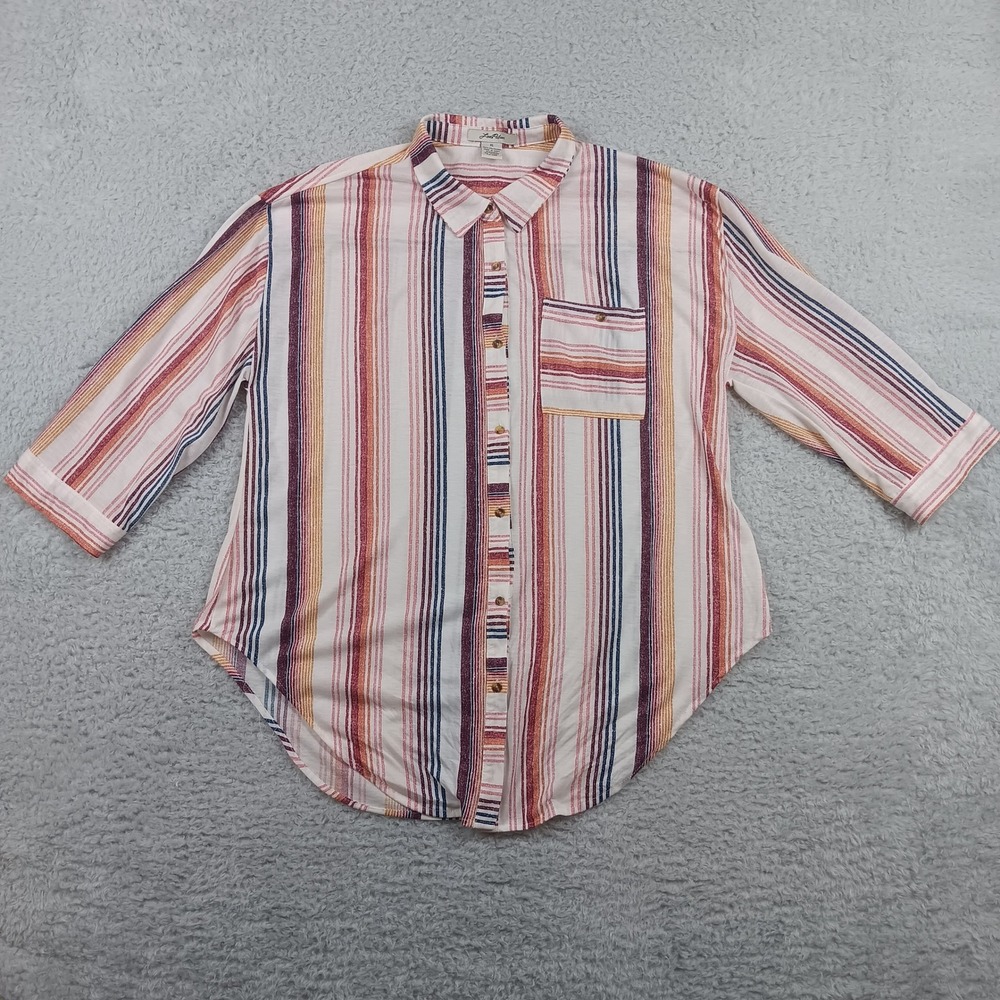 Love Potion Button Up Shirt Women XL Multicolor Vertical Stripe Roll Tab Sleeve